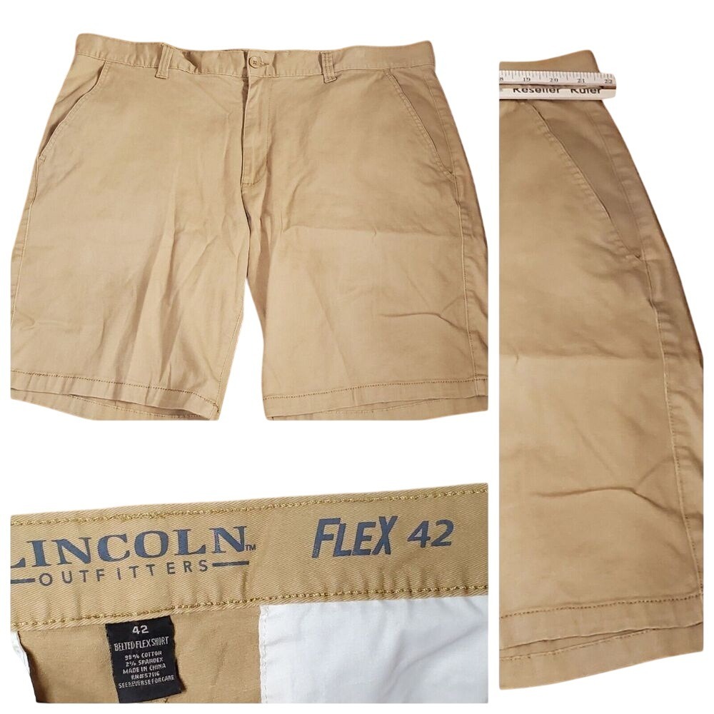 Lincoln Outfitters Flex 42 Mens khaki Flat Front Shorts Casual utility